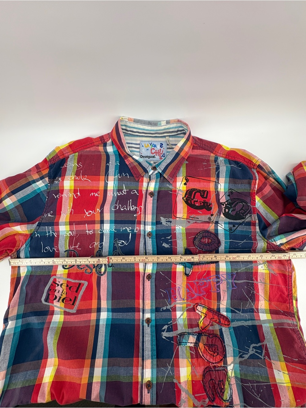 Desigual Men’s 2XL Plaid Graphic Button Up Shirt Long Sleeve Embroidered Artsy - Picture 5 of 10
